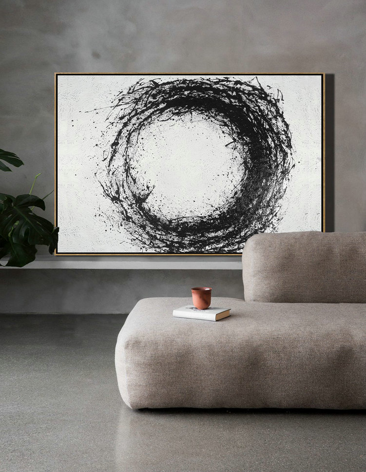 Artwork For Sale,Oversized Horizontal Minimalist Drip Painting On Canvas, Black And White - Textured Painting Canvas Art